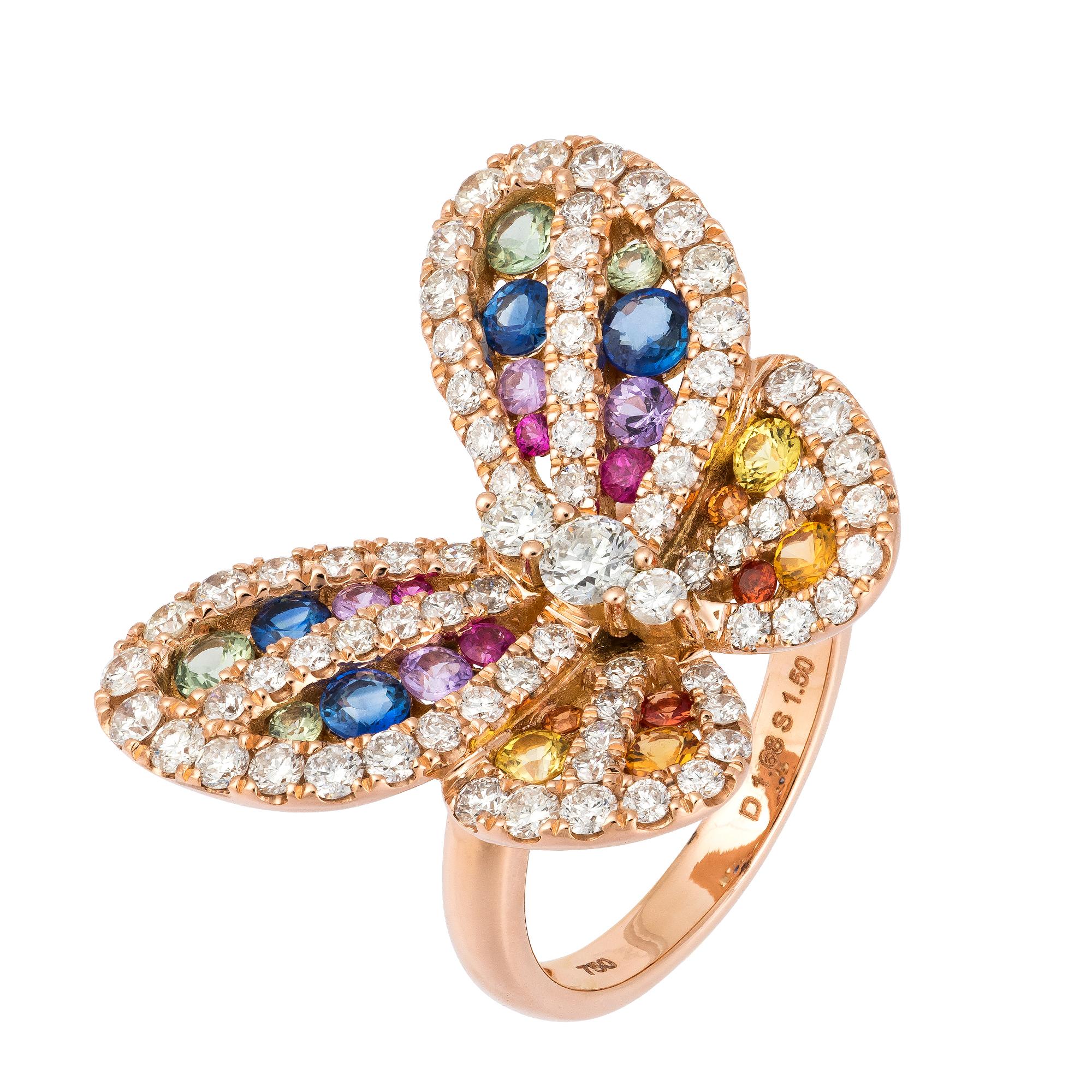 Designer Multisaphir Diamant Rose Gold 18K Schmetterlingsring für Sie (Rundschliff) im Angebot
