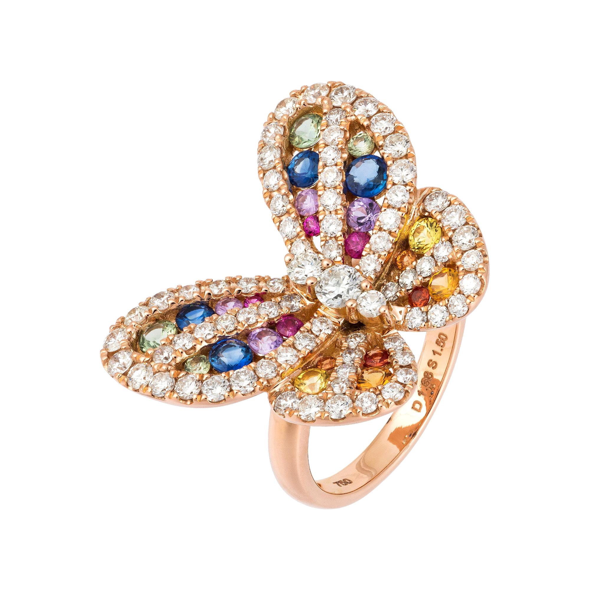Designer Multisapphire Diamond Rose Gold 18K Butterfly Ring for Her For Sale