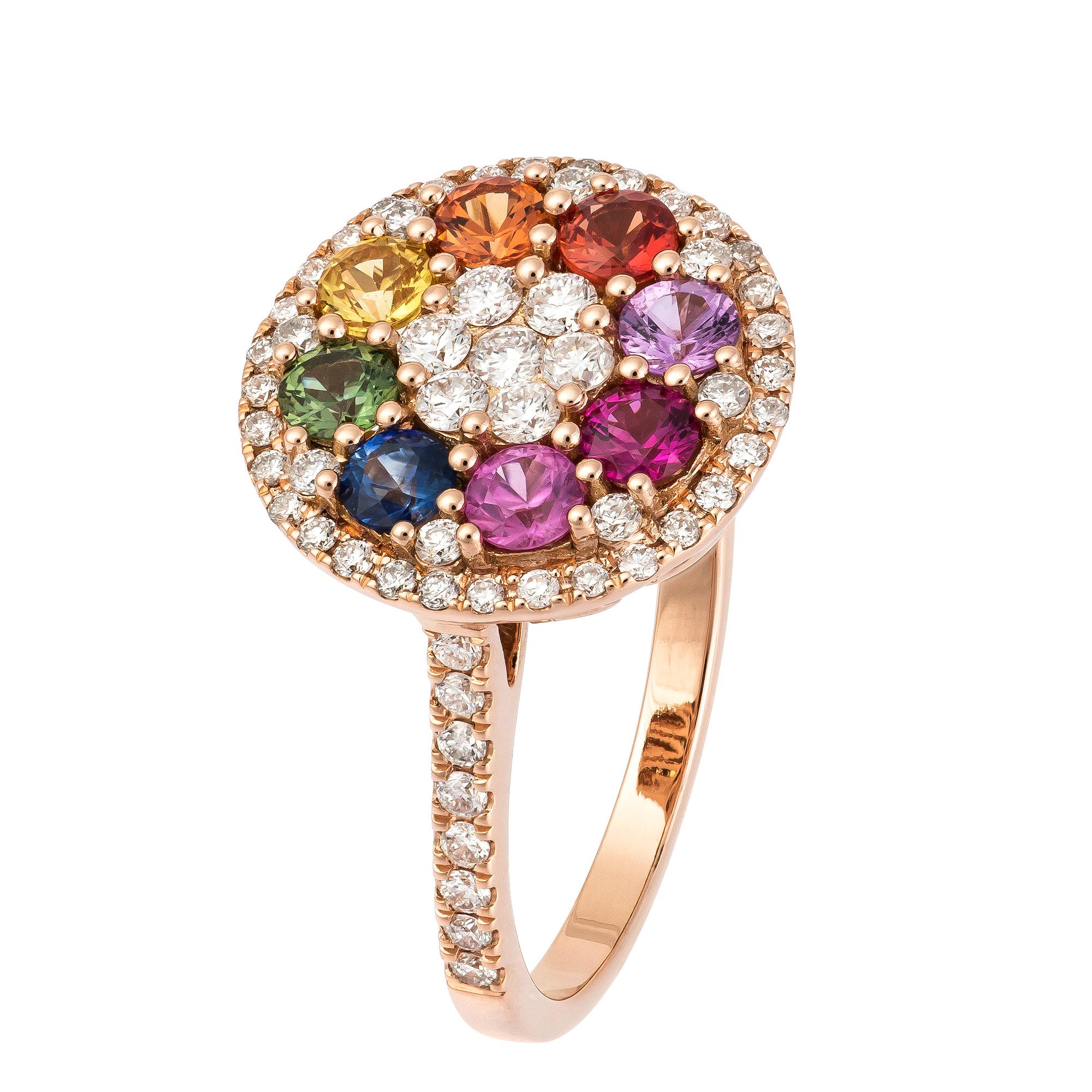 Round Cut Designer Multisapphire Diamond Rose Gold 18K Colourful Flower Ring for Her For Sale