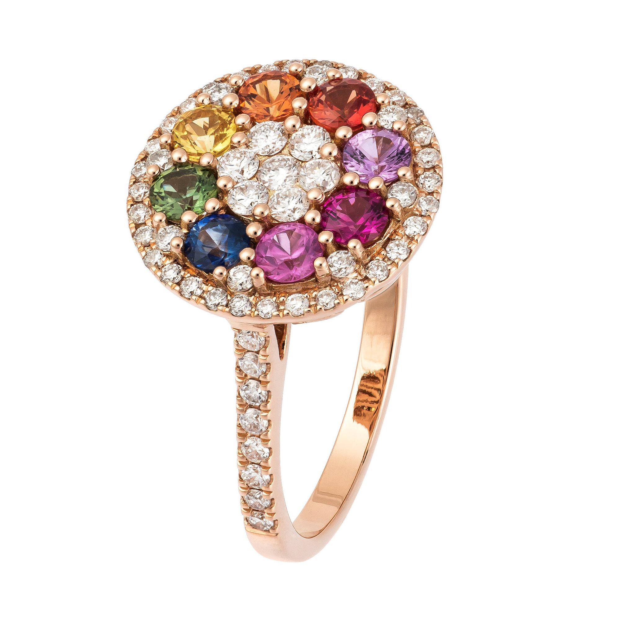 Designer Multisapphire Diamond Rose Gold 18K Colourful Flower Ring for Her For Sale