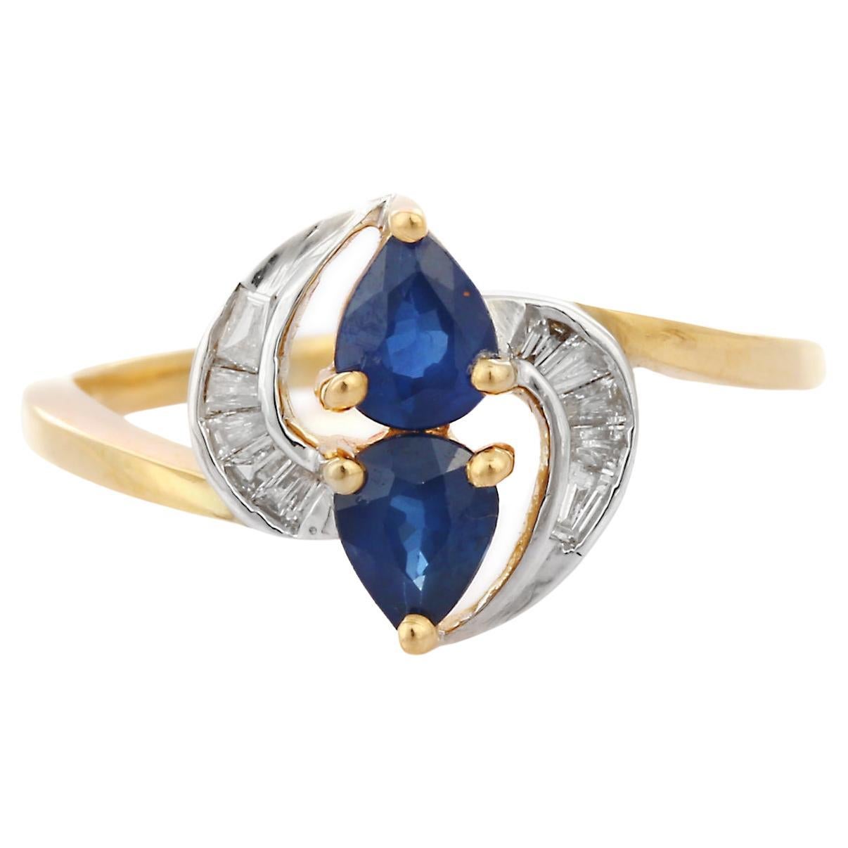 Natural Blue Sapphire Bridal Ring in 18K Yellow Gold with Diamonds