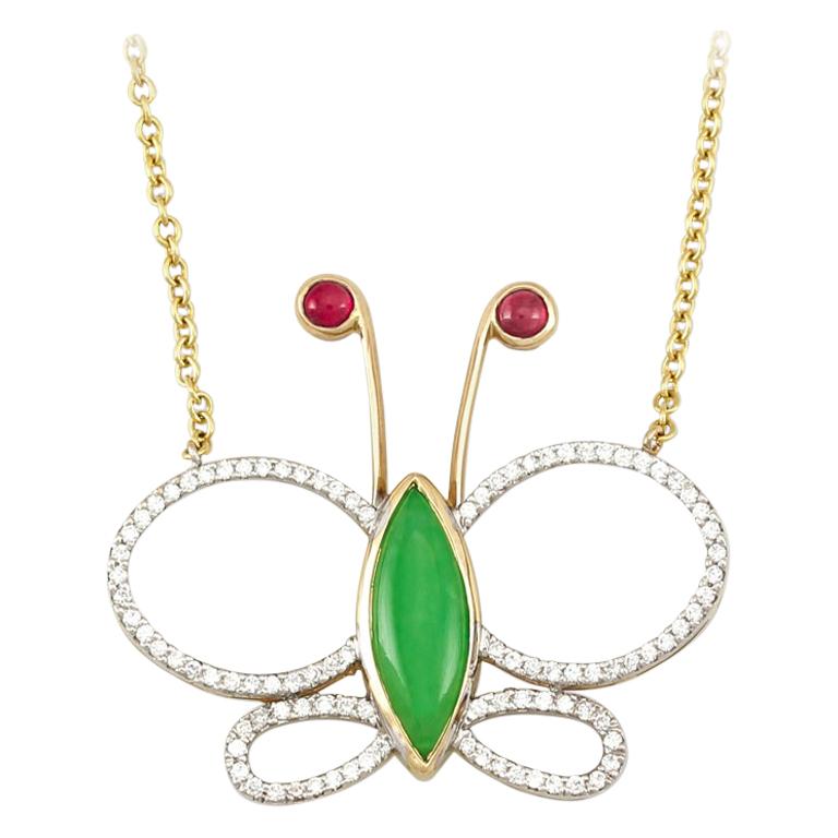 Designer Natural Jadeite, Ruby and Diamond Butterfly Necklace For Sale