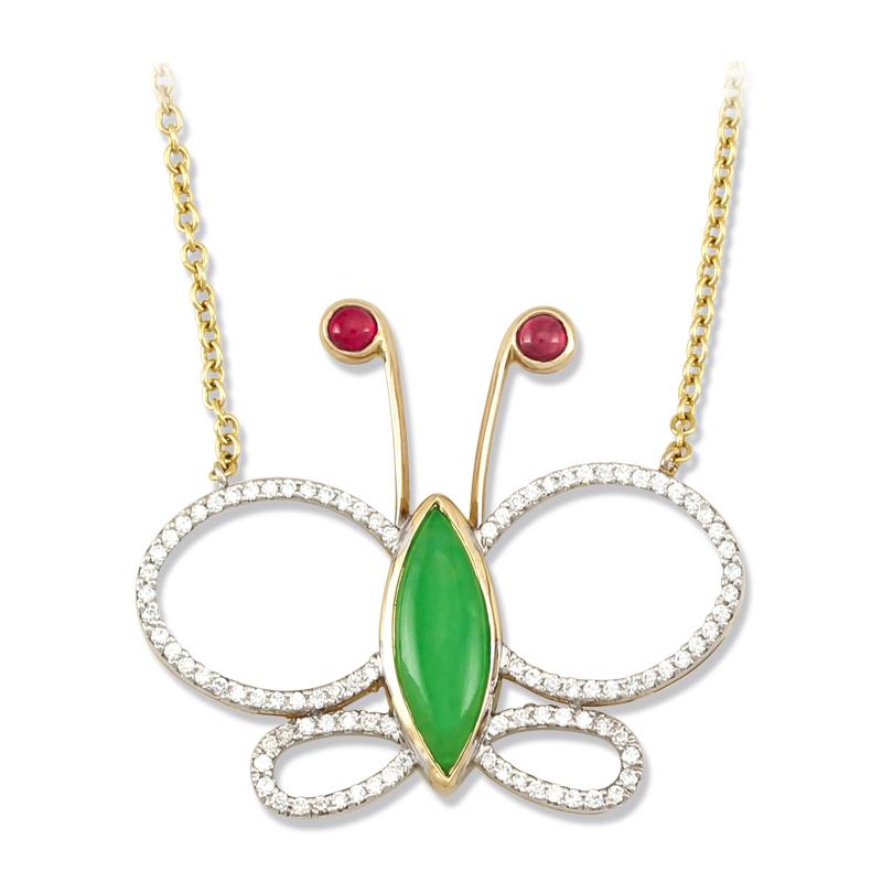 Designer Natural Jadeite, Ruby and Diamond Butterfly Necklace In New Condition For Sale In Littleton, CO