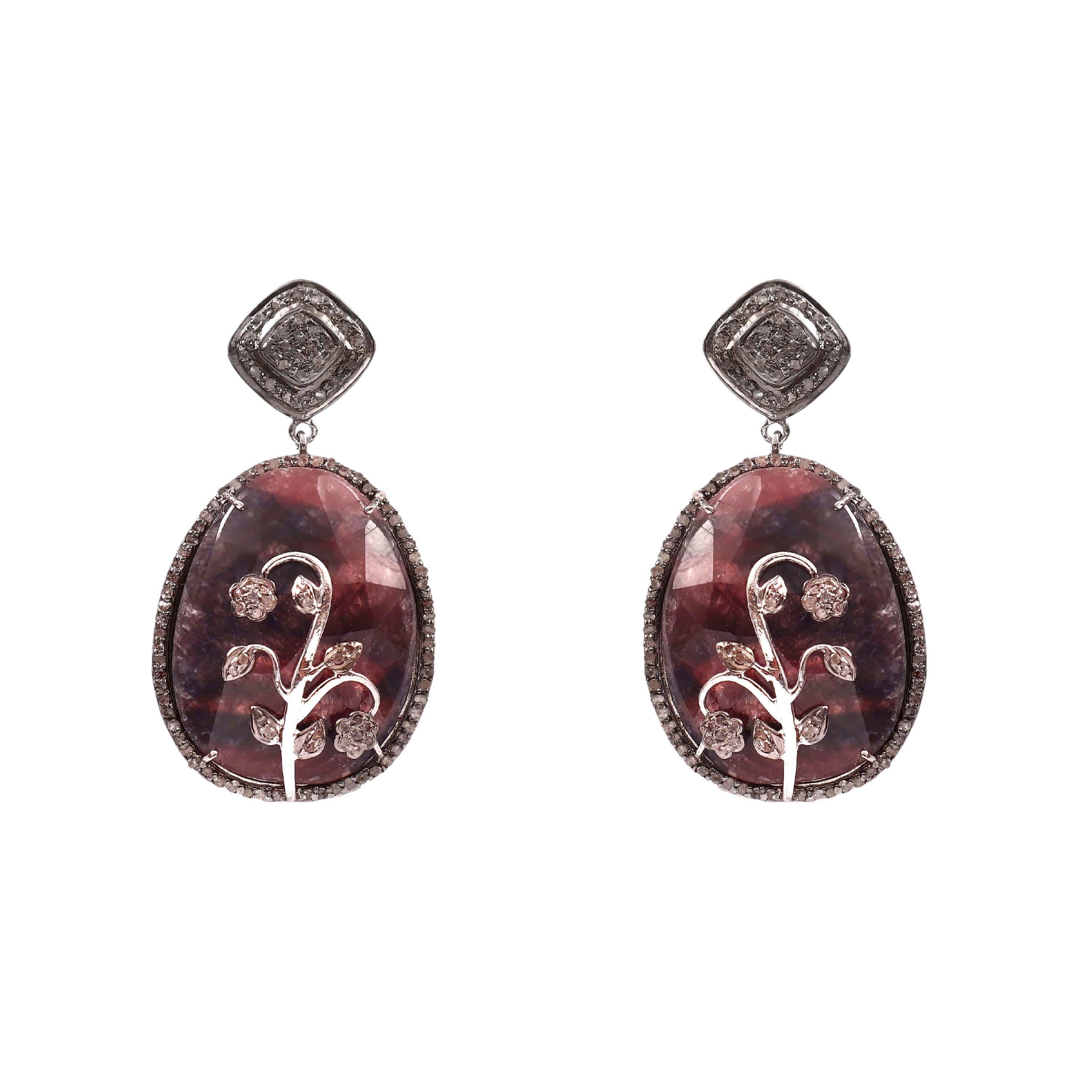 Designer natural pave diamonds raw sapphire sterling silver dangler earrings