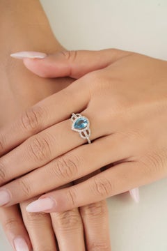 Designer Natural Pear-Cut Aquamarine & Diamond Halo Cocktail Ring 14K White Gold