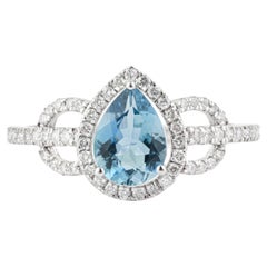 Designer Natural Pear-Cut Aquamarine & Diamond Halo Cocktail Ring 14K White Gold