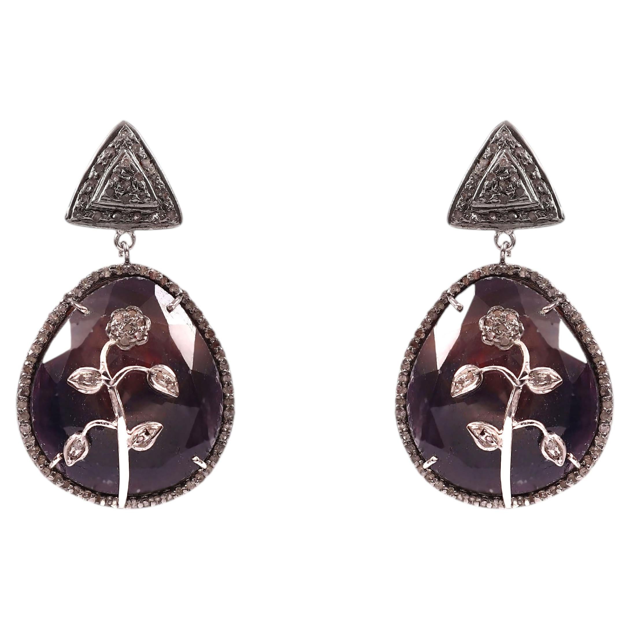 Unique Natural Raw Sapphire & Pave Diamond Sterling Silver Drop Earrings For Sale