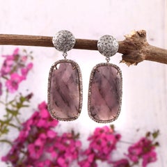 Designer Natural Raw lavender Sapphire Real Pave Diamond Silver Dangle Earring