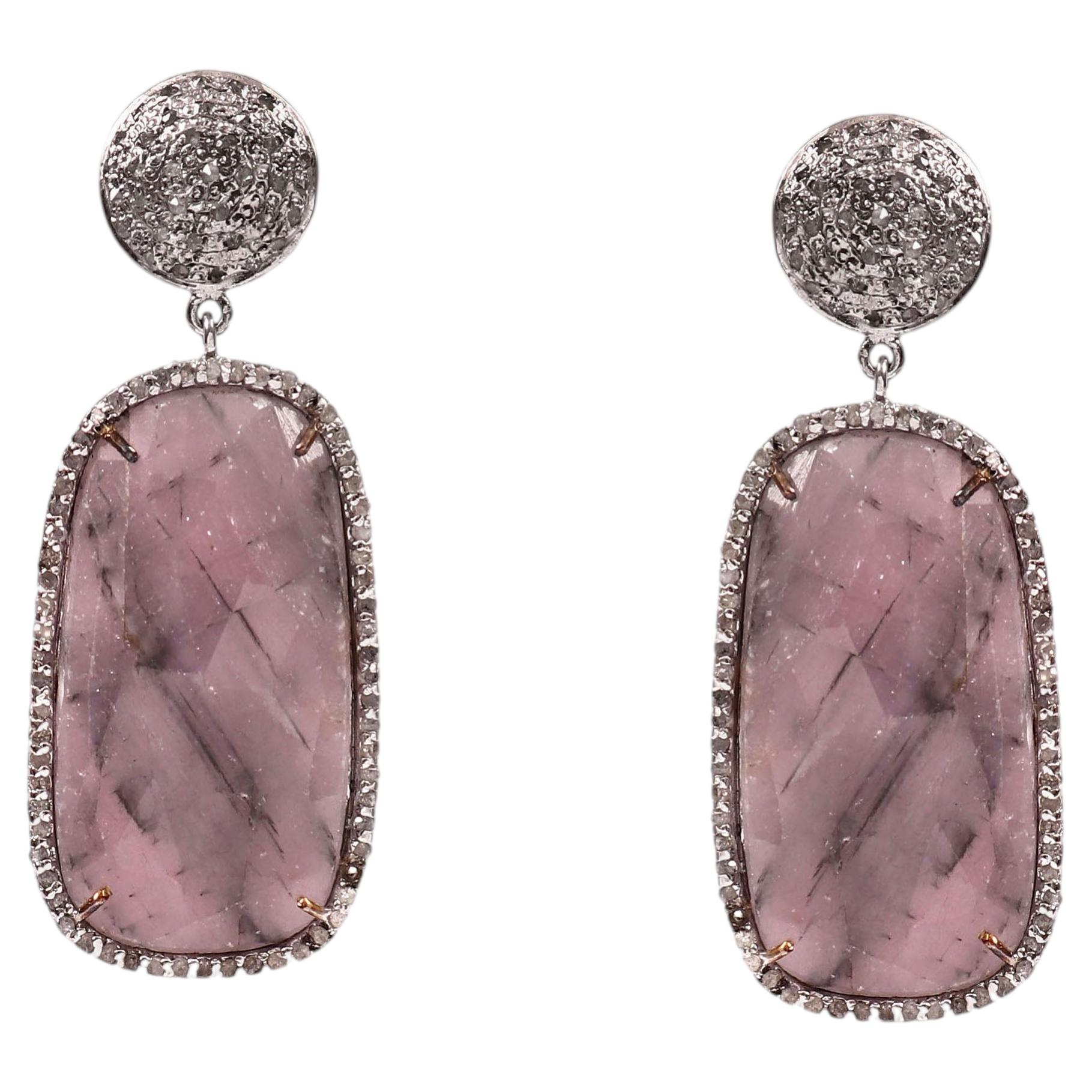 Unique Natural Raw Sapphire & Pave Diamond Dangle Earrings in Sterling Silver For Sale