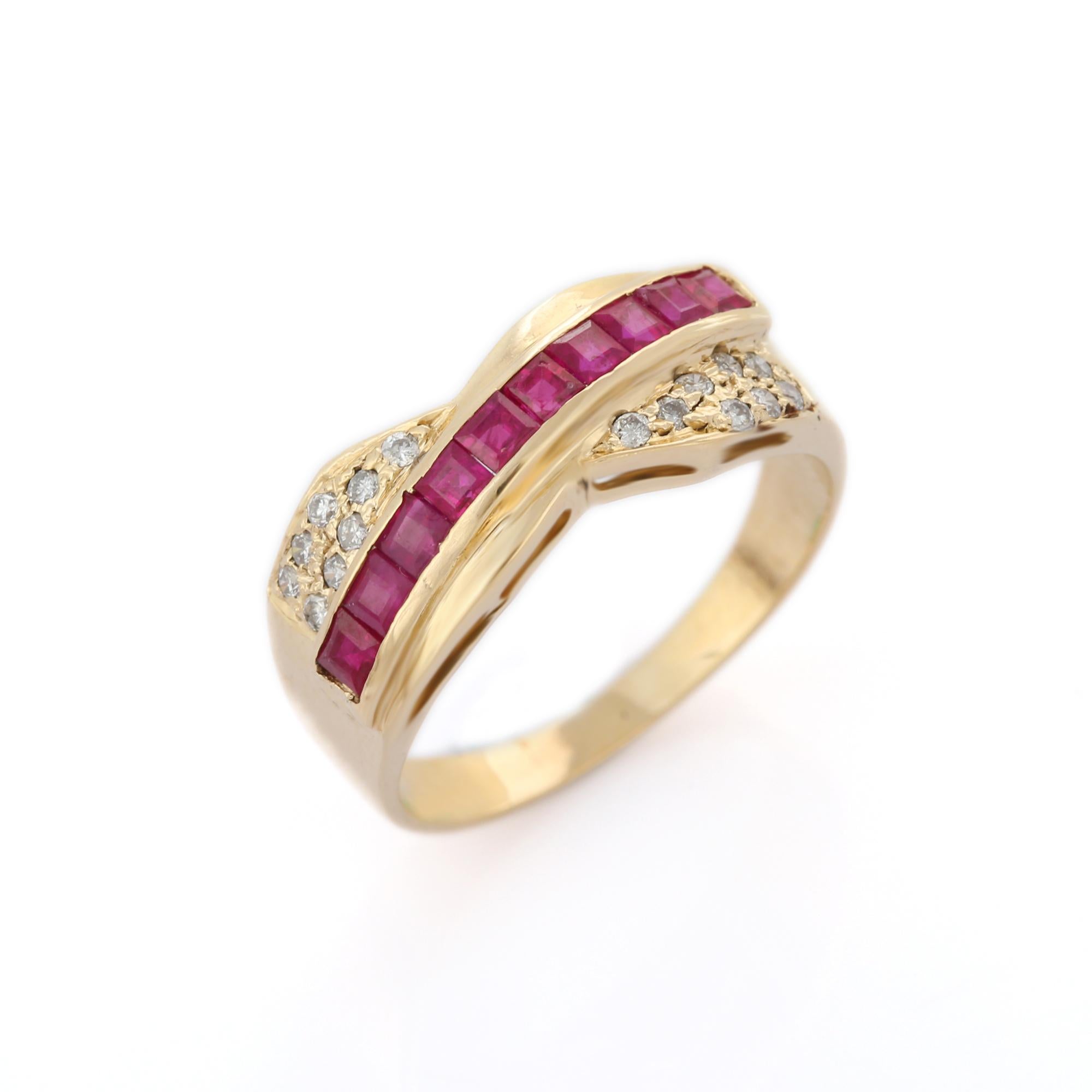 For Sale:  Designer Natural Ruby and Diamond Band, 14K Yellow Gold Ruby Band Ring  4