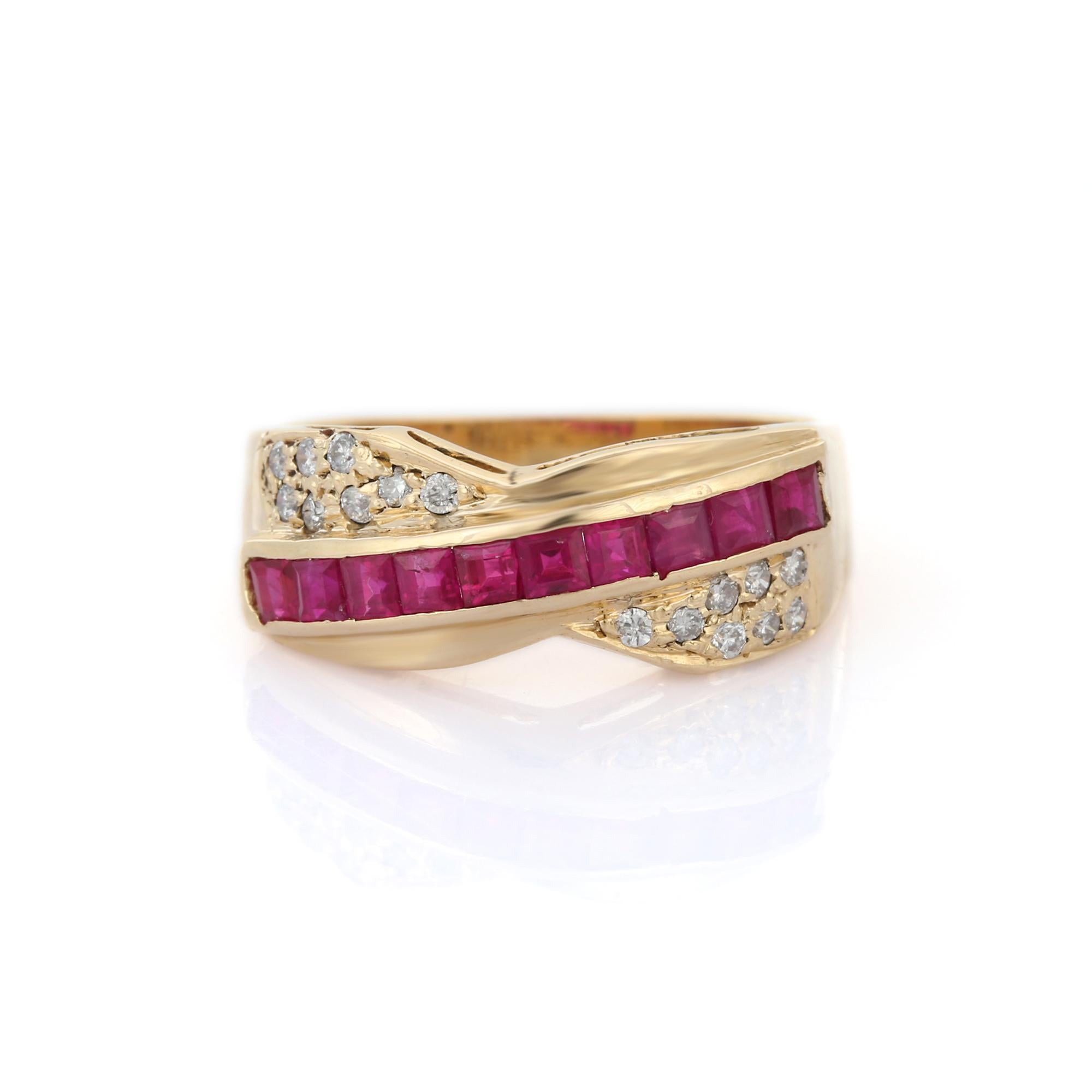 For Sale:  Designer Natural Ruby and Diamond Band, 14K Yellow Gold Ruby Band Ring  5