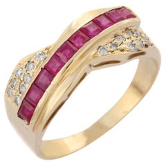 Designer Natural Ruby and Diamond Band, 14K Yellow Gold Ruby Band Ring 