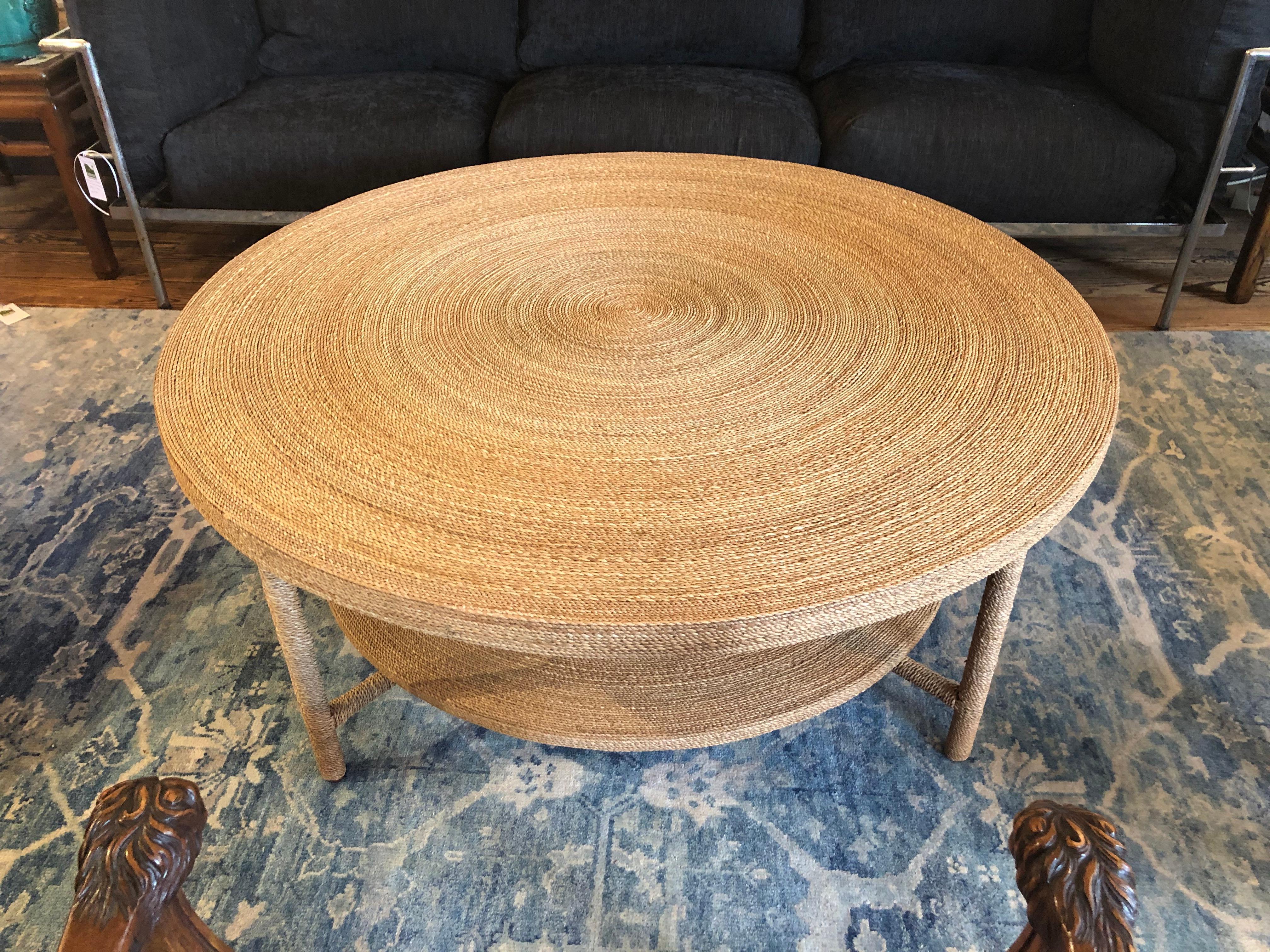 Designer Natural Seagrass Rope Large Round Coffee Table  In Good Condition For Sale In Hopewell, NJ