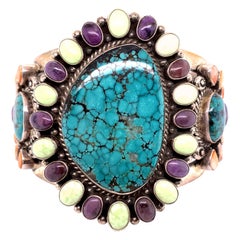 Designer Navajo Turquoise and Multi Gem Lee Bennett Silver Cuff Bracelet