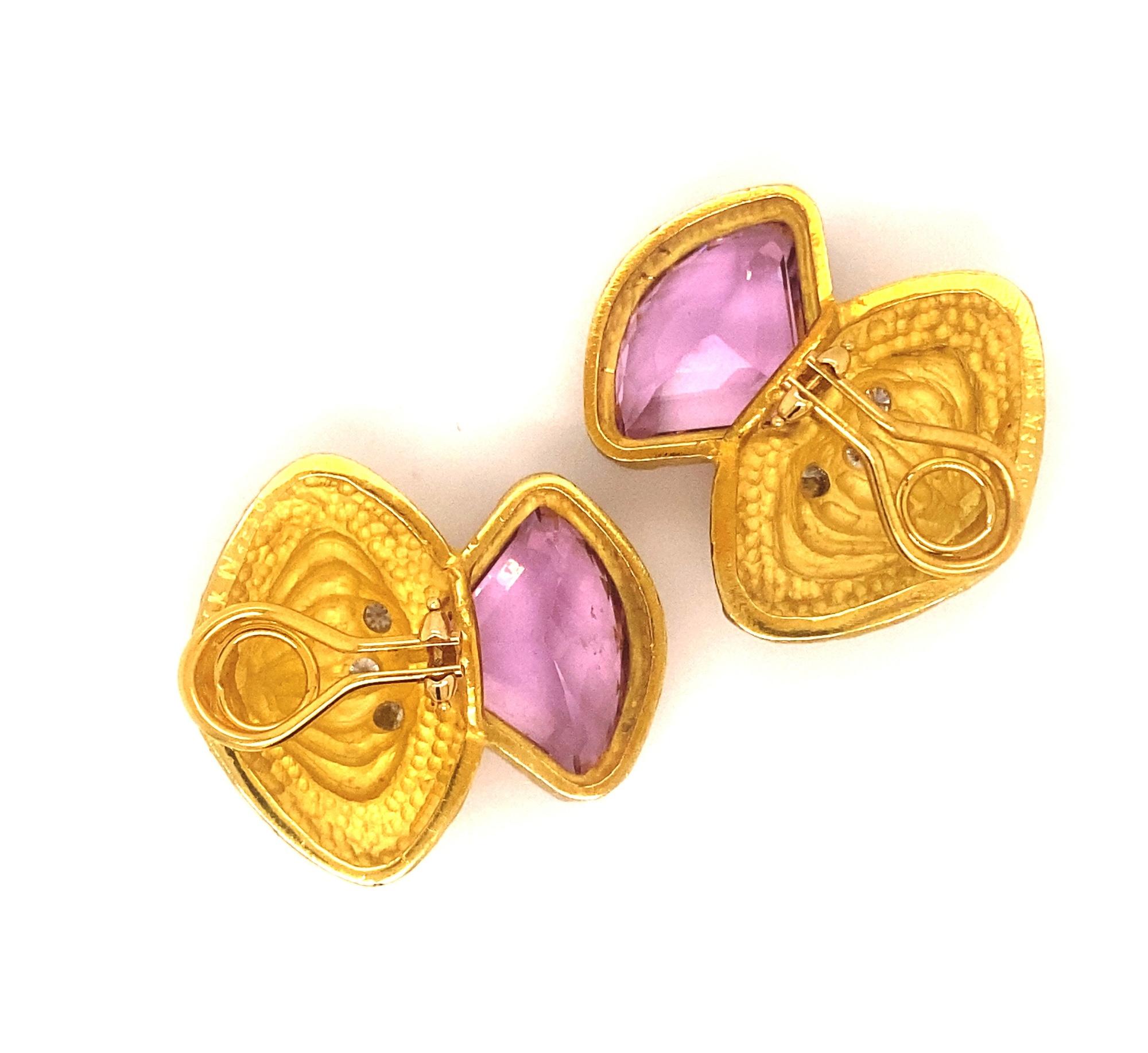 Trillion Cut Designer Nerso 18k Gold Diamonds Kunzite Earrings 38 Grams For Sale