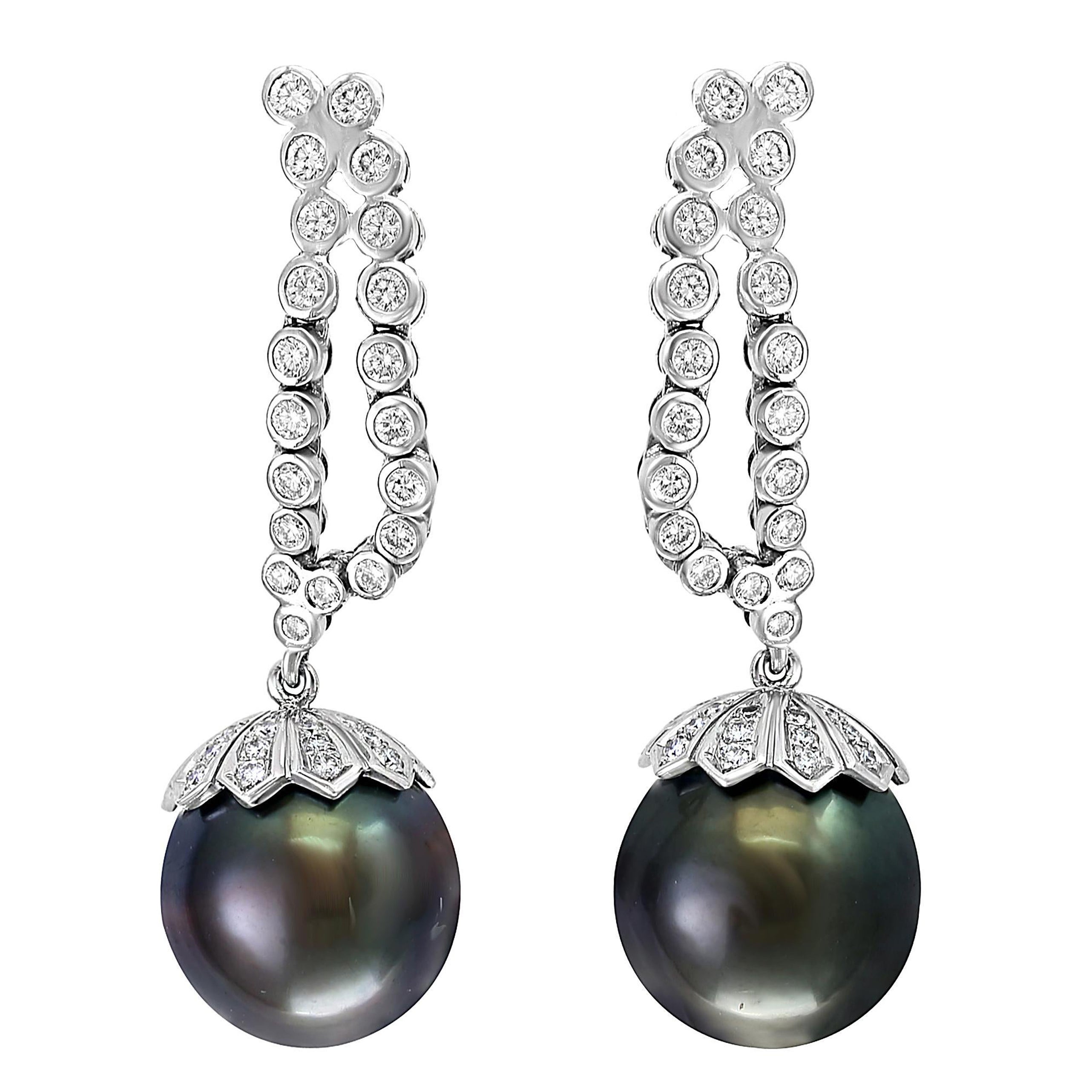 Designer Nini Black Tahitian Cocktail Earrings with Diamonds 18 Karat White Gold