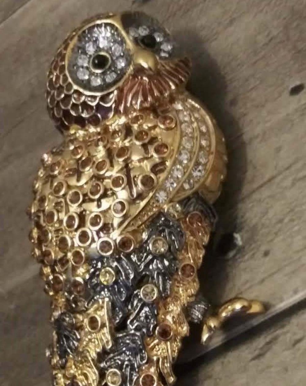 Modernist Designer Nolan Miller Signed Enamel Sparkling Crystal Vintage Owl Brooch Pin