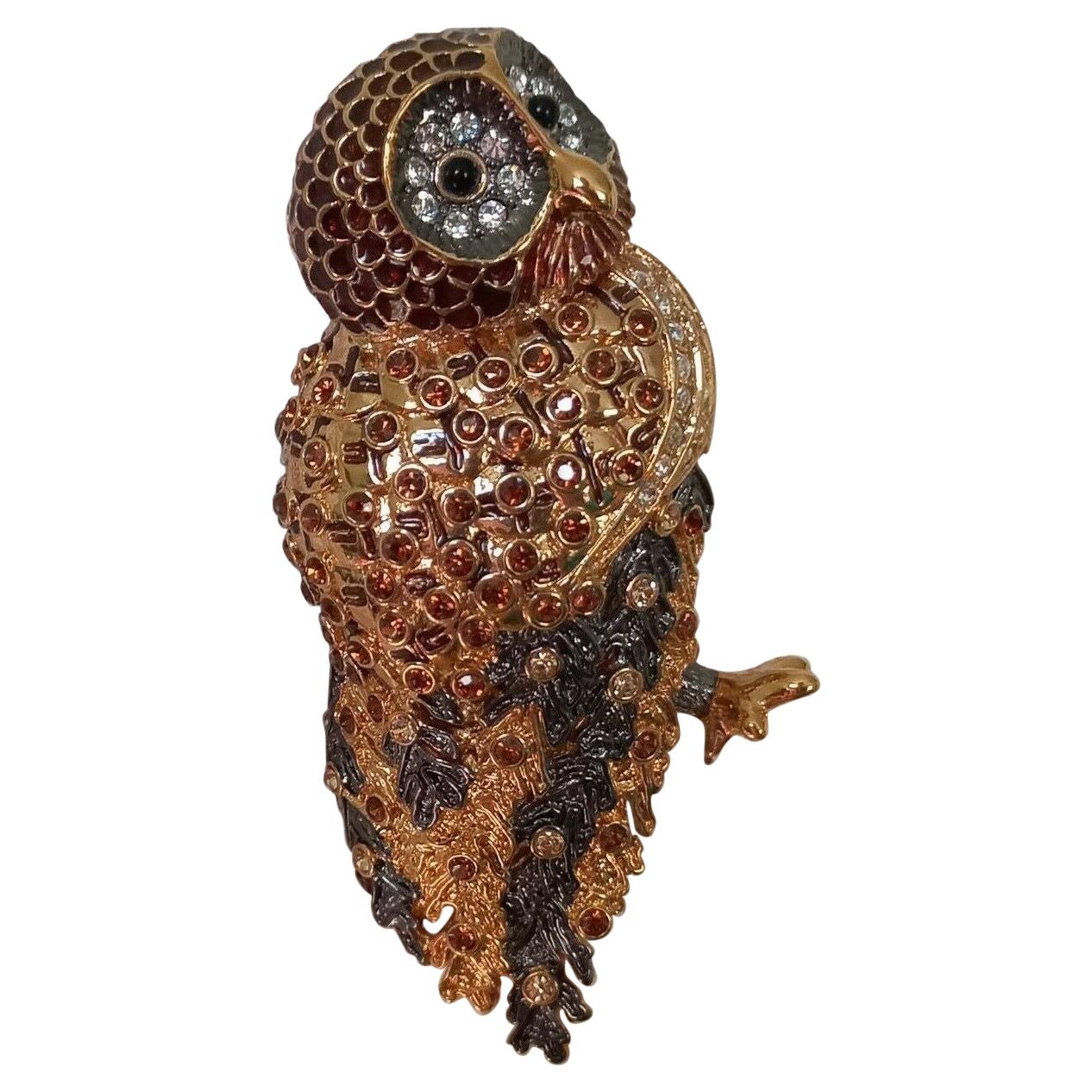Designer Nolan Miller Signed Enamel Sparkling Crystal Vintage Owl Brooch Pin