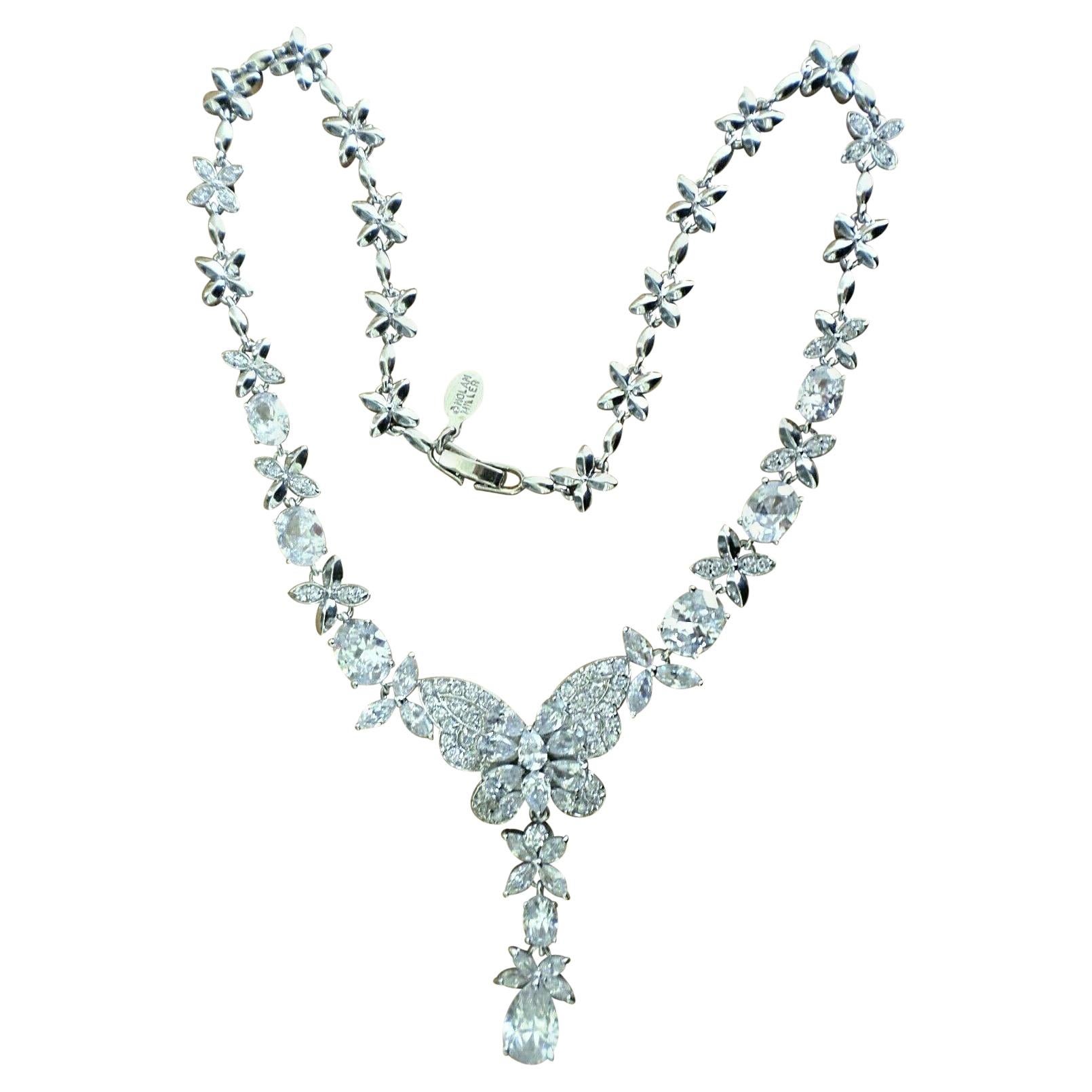 Designer Nolan Miller Signed Faux Diamond Crystal Butterfly Necklace For Sale