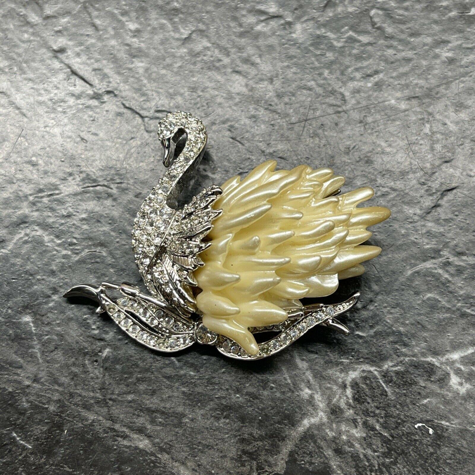 Contemporary Designer Nolan Miller Signed Swimming Faux Pearl and Crystal Swan Brooch Pin For Sale