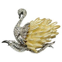 Designer Nolan Miller Signed Swimming Faux Pearl and Crystal Swan Brooch Pin
