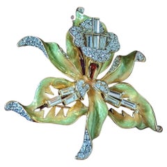 Designer Nolan Miller Signed Vintage Crystal Enamel Orchid Brooch Pin