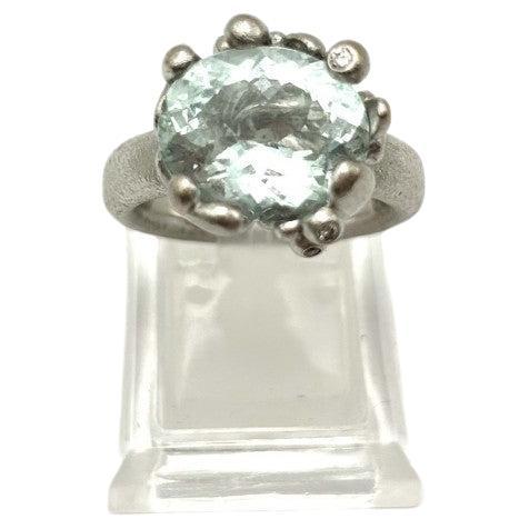 Cushion Cut Designer Ole Lynggaard ring in white gold with aquamarine and diamonds For Sale