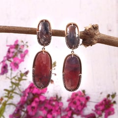Designer Ombre Raw Sapphire & Natural Diamond Silver mismatched Earrings pair