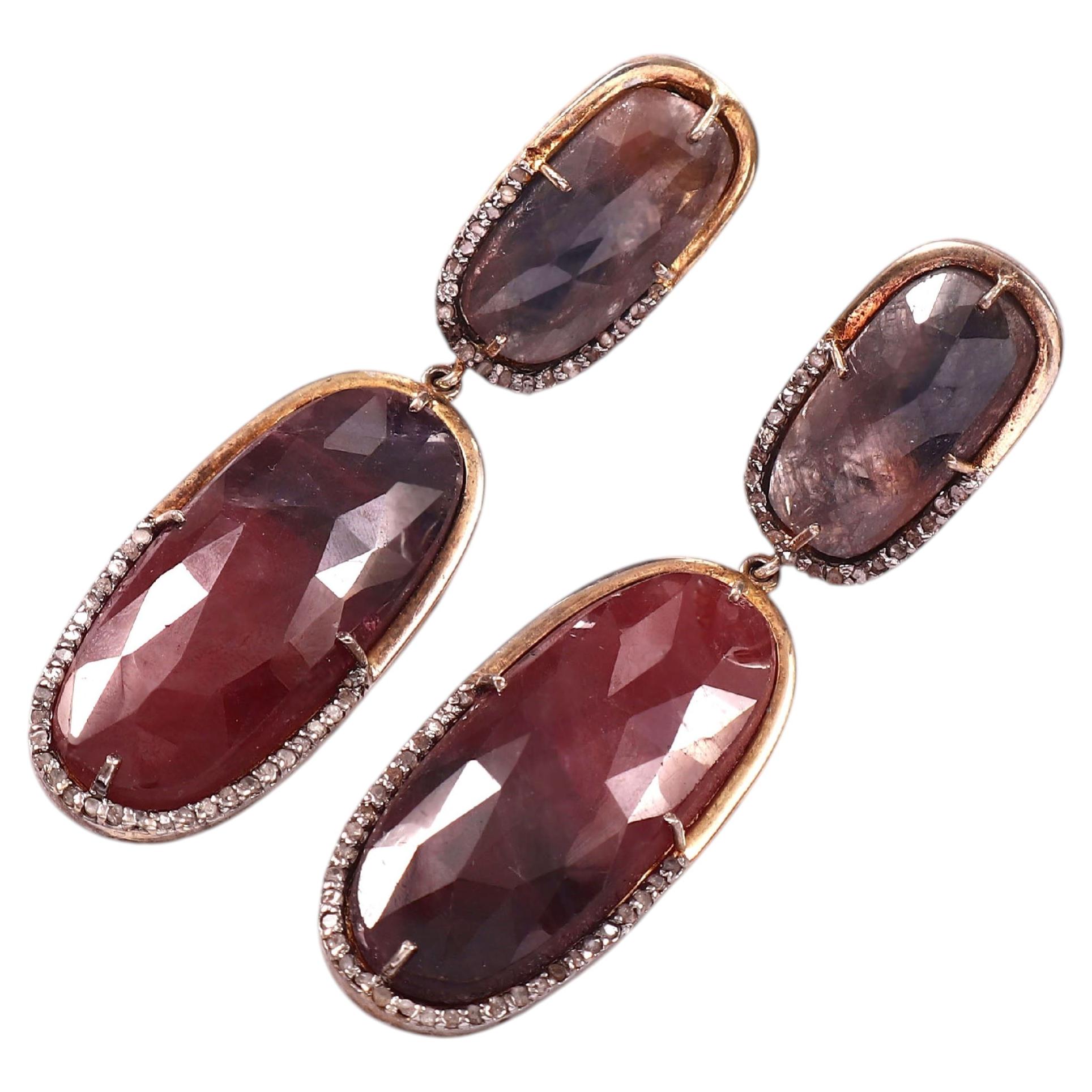 Designer Ombre Raw Sapphire & Natural Diamond Silver mismatched Earrings pair