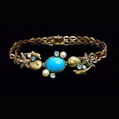 Designer Original 14K Gold Bracelet with Persian Turquoise Aquamarines & Pearls