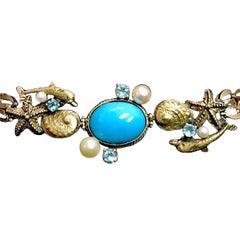 Designer Original 14K Gold Bracelet with Persian Turquoise Aquamarines & Pearls 