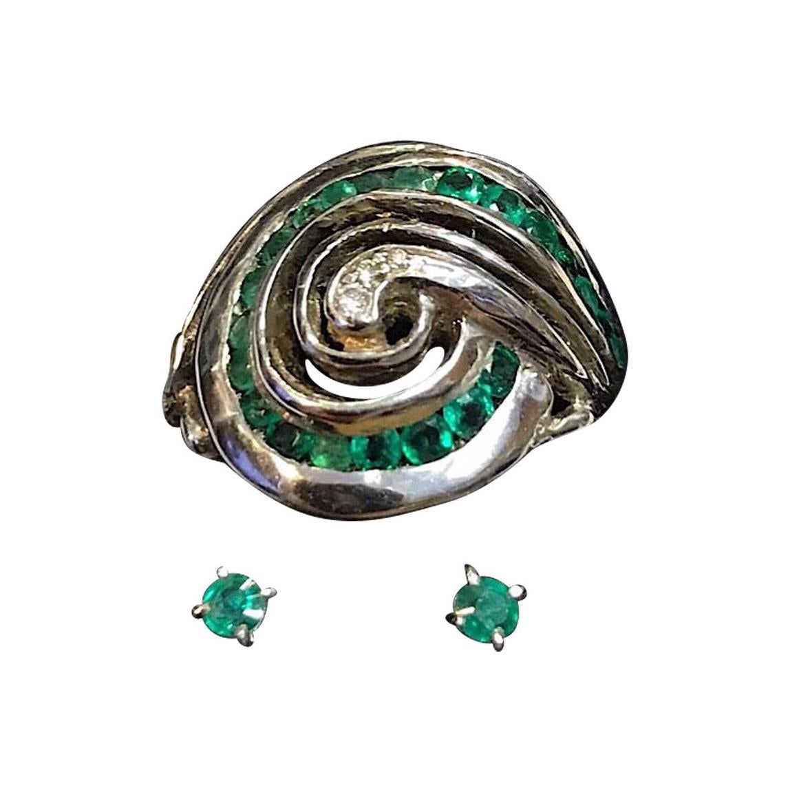 Designer Original Spiral Galaxy 14K Gold Emerald Diamond Ring & Matching Studs For Sale