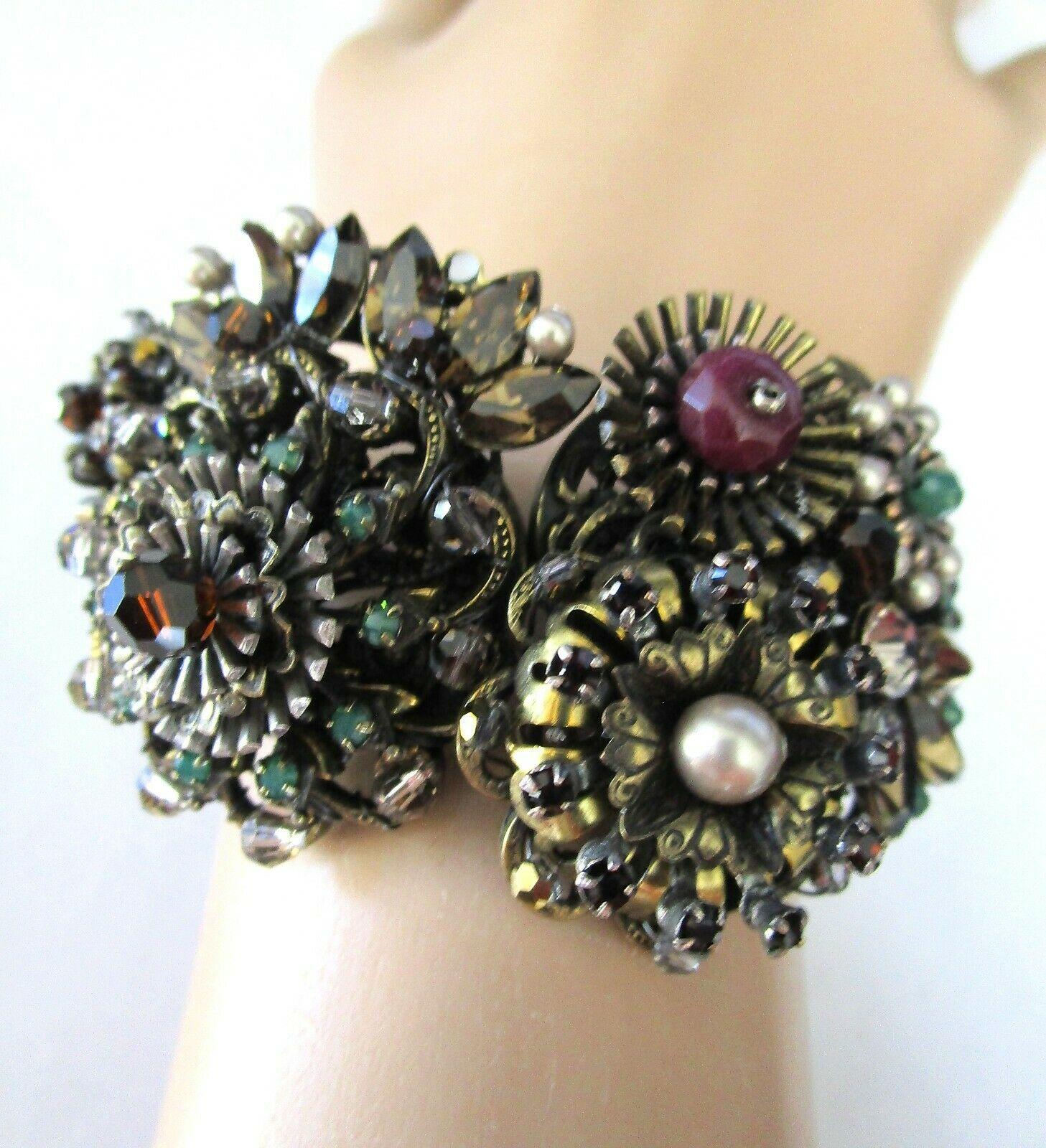 Modernist Designer Ornate Encrusted Flowers Clamper Bracelet by Miriam Haskell