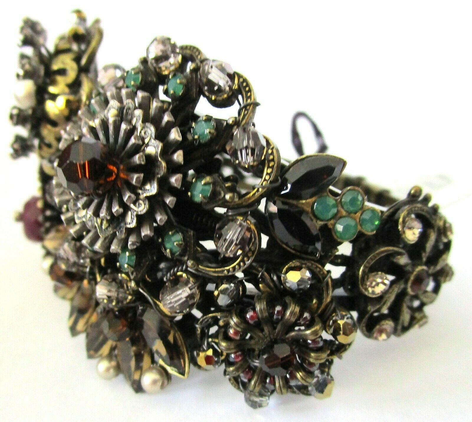 Designer Ornate Encrusted Flowers Clamper Bracelet by Miriam Haskell In New Condition In Montreal, QC