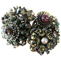 Designer Ornate Encrusted Flowers Clamper Bracelet by Miriam Haskell