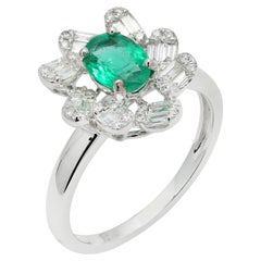 Designer Oval Cut Emerald and Diamond Engagement Ring in 18K Solid White Gold