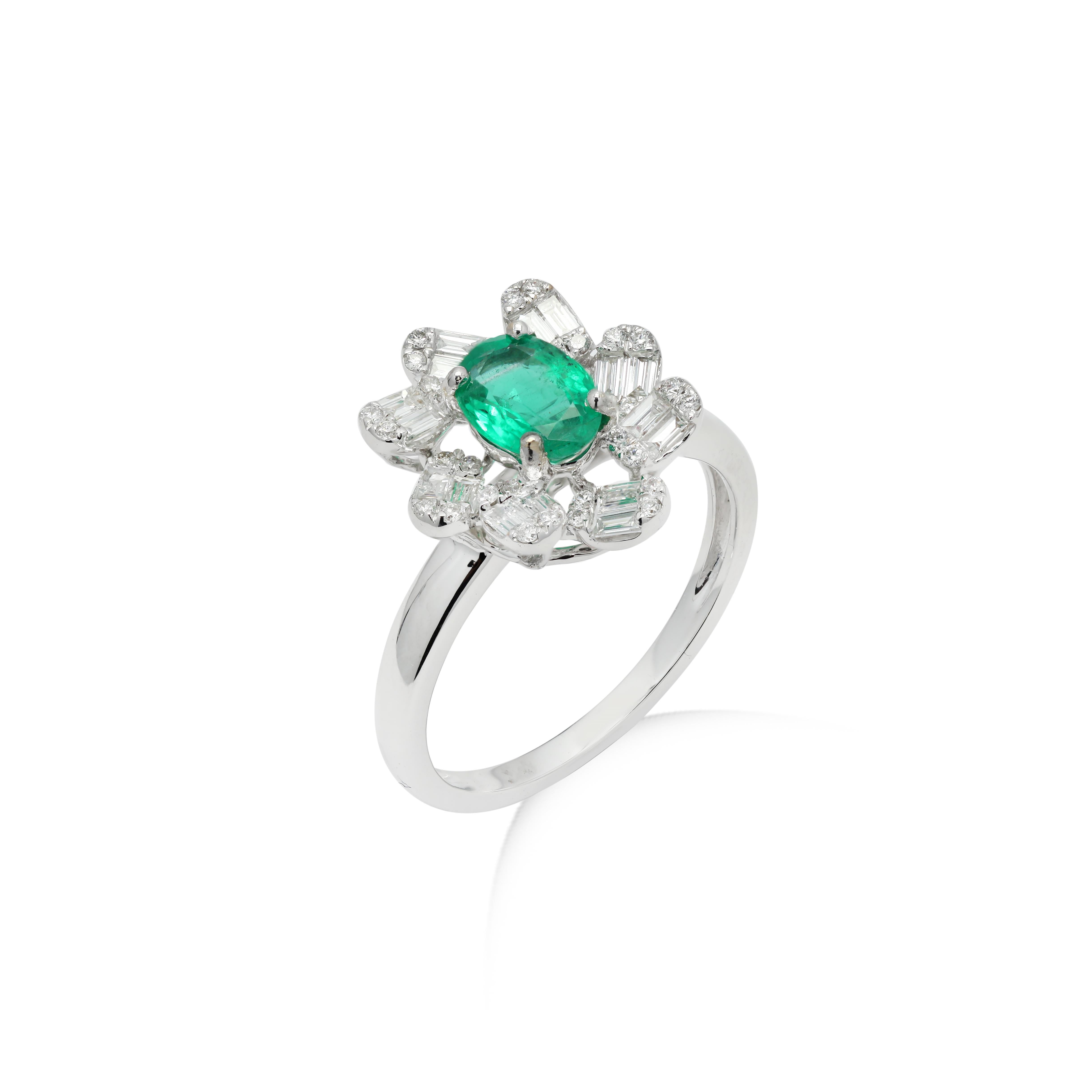 For Sale:  Designer Oval Cut Emerald and Diamond Engagement Ring in 18K Solid White Gold 4