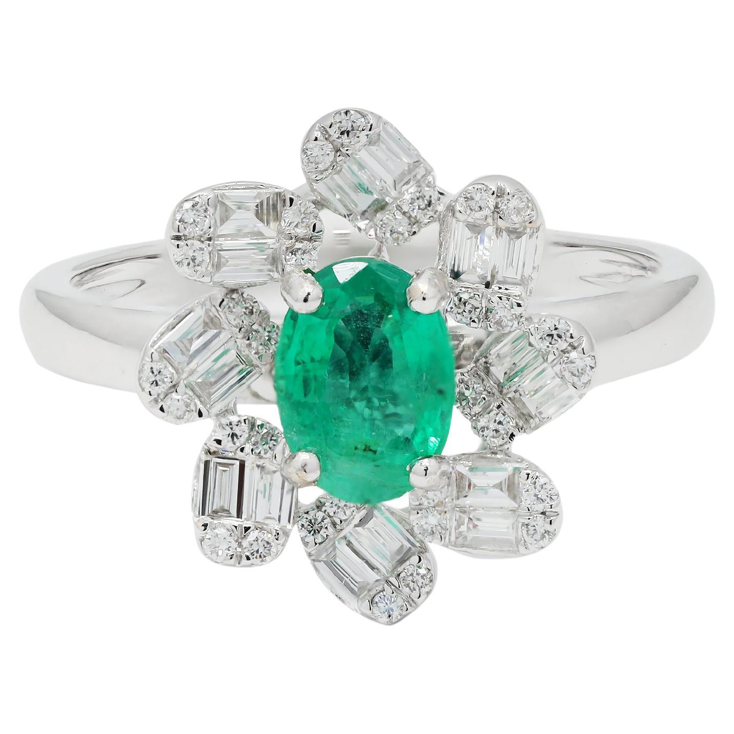 Designer Oval Cut Emerald and Diamond Engagement Ring in 18K Solid White Gold
