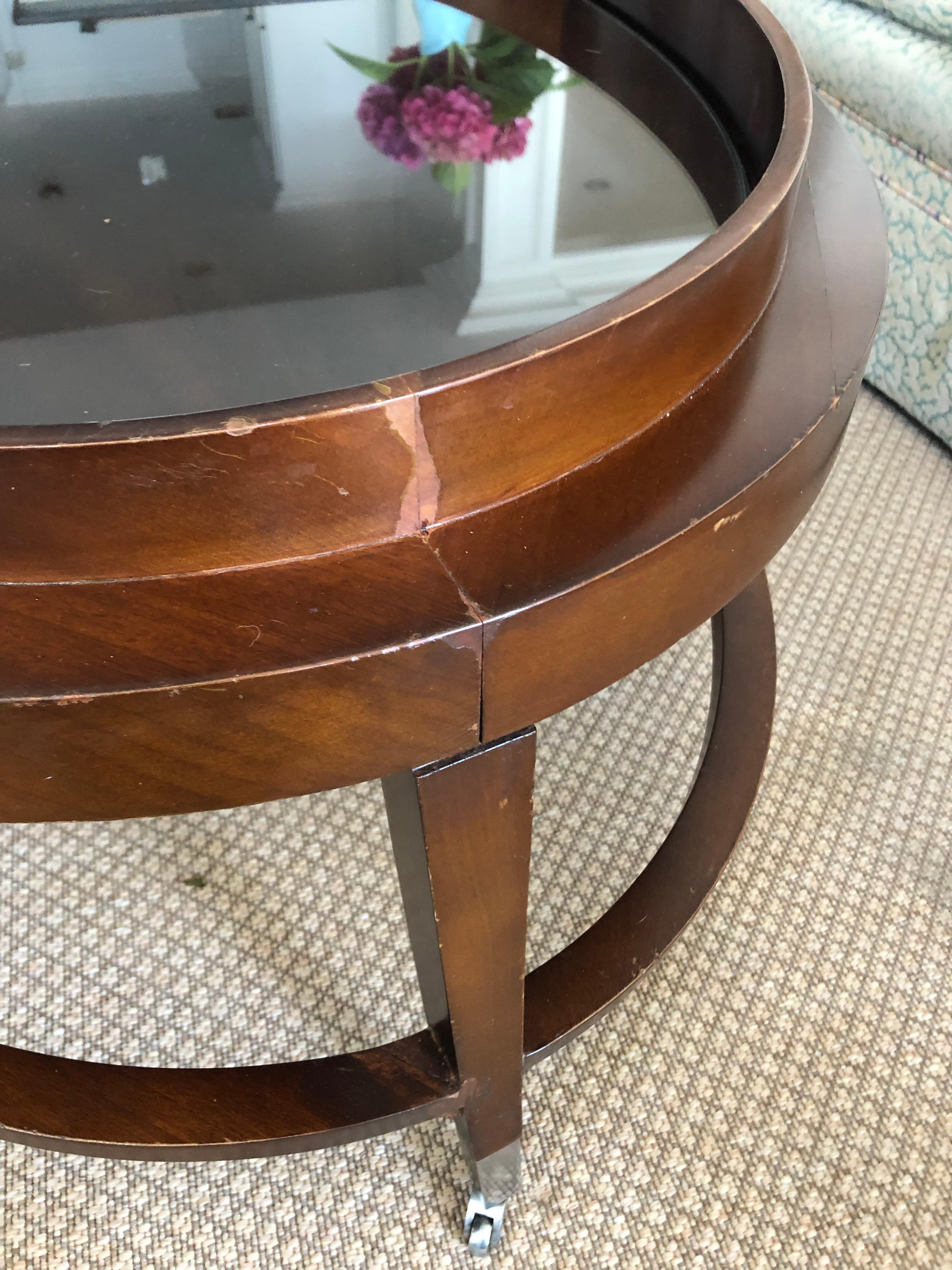 Designer Oval Mahogany & Glass Coffee Table For Sale 3