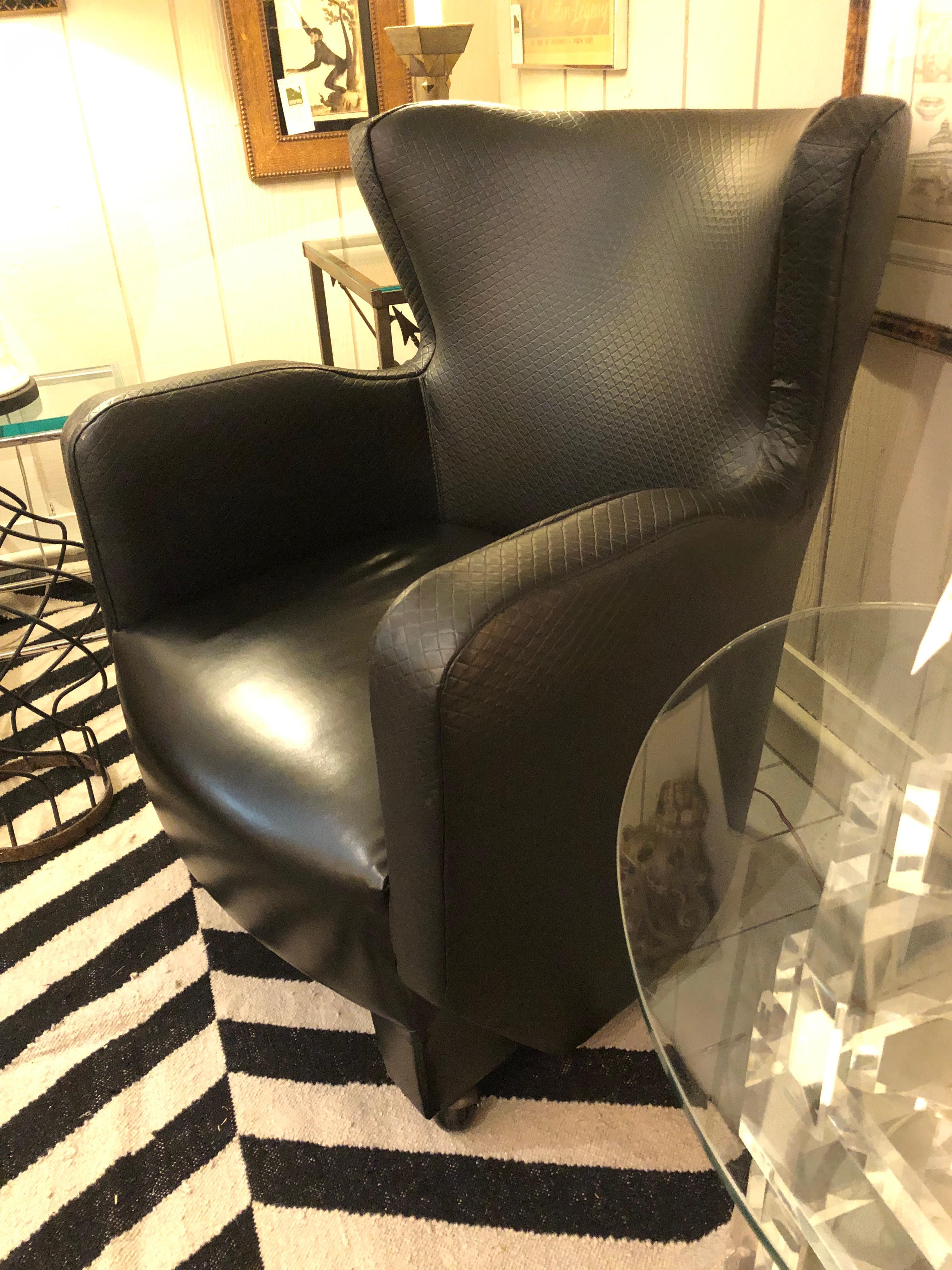 Designer Pair of Milo Baughman for Thayer Coggin Black Leatherette Club Chairs For Sale 1