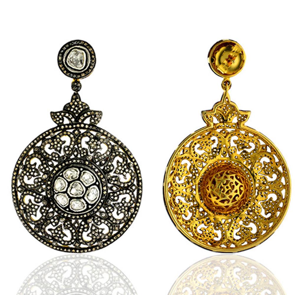 Art Nouveau Designer Pave and Rosecut and Diamond Dangling Earring in Silver and 14K Gold For Sale