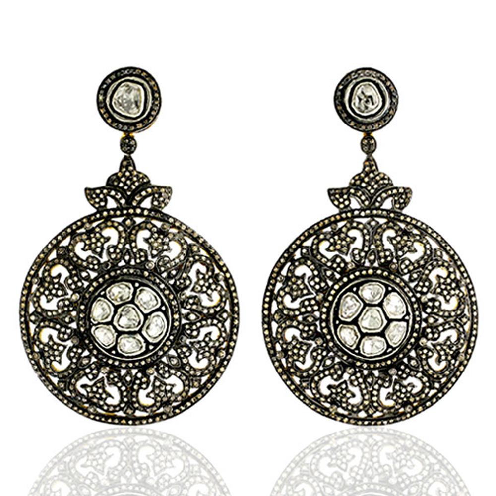 Taille ronde Pendants d'oreilles de créateur en argent et or 14 carats avec diamants pavés et taillés en rose en vente