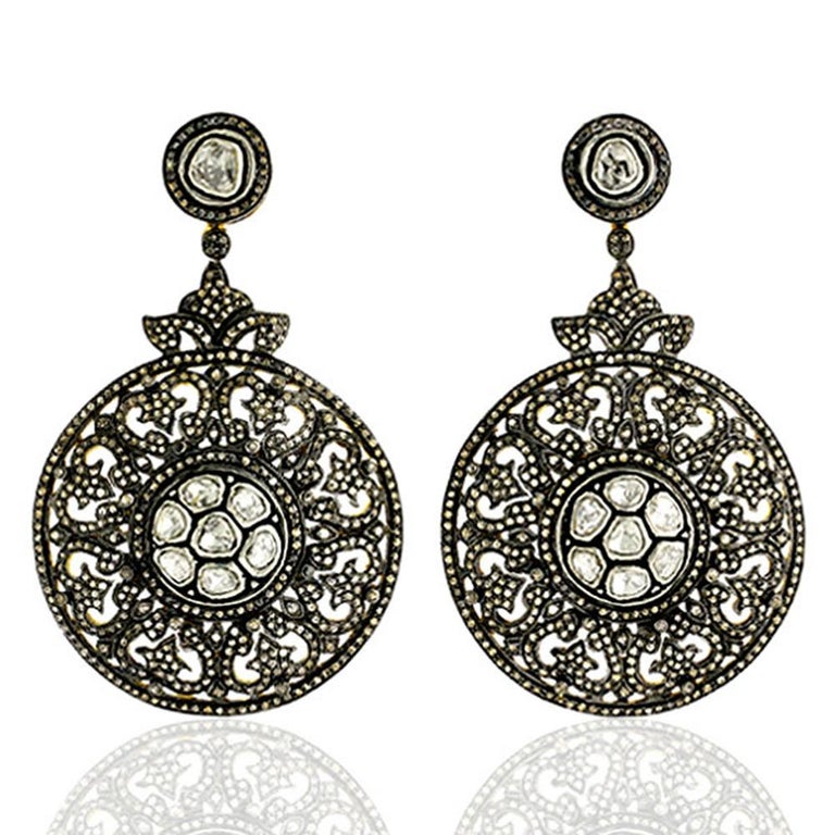 Round Cut Designer Pave and Rosecut and Diamond Dangling Earring in Silver and 14K Gold For Sale