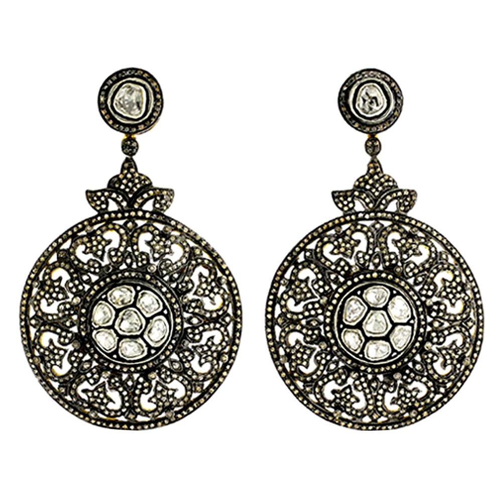 Designer Pave and Rosecut and Diamond Dangling Earring in Silver and 14K Gold