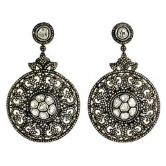 Pendants d'oreilles de créateur en argent et or 14 carats avec diamants pavés et taillés en rose