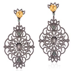 Designer Pave Diamond and Emerald Earring with Green Enamel