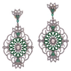 Designer Pave Diamond and Emerald Earring with Green Enamel