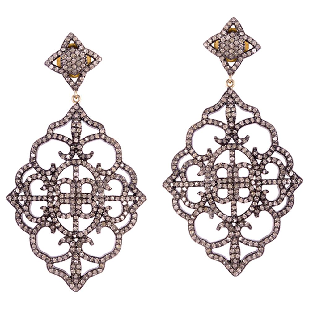 Boucles d'oreilles de créateur en or 14 carats et argent avec diamants pavés