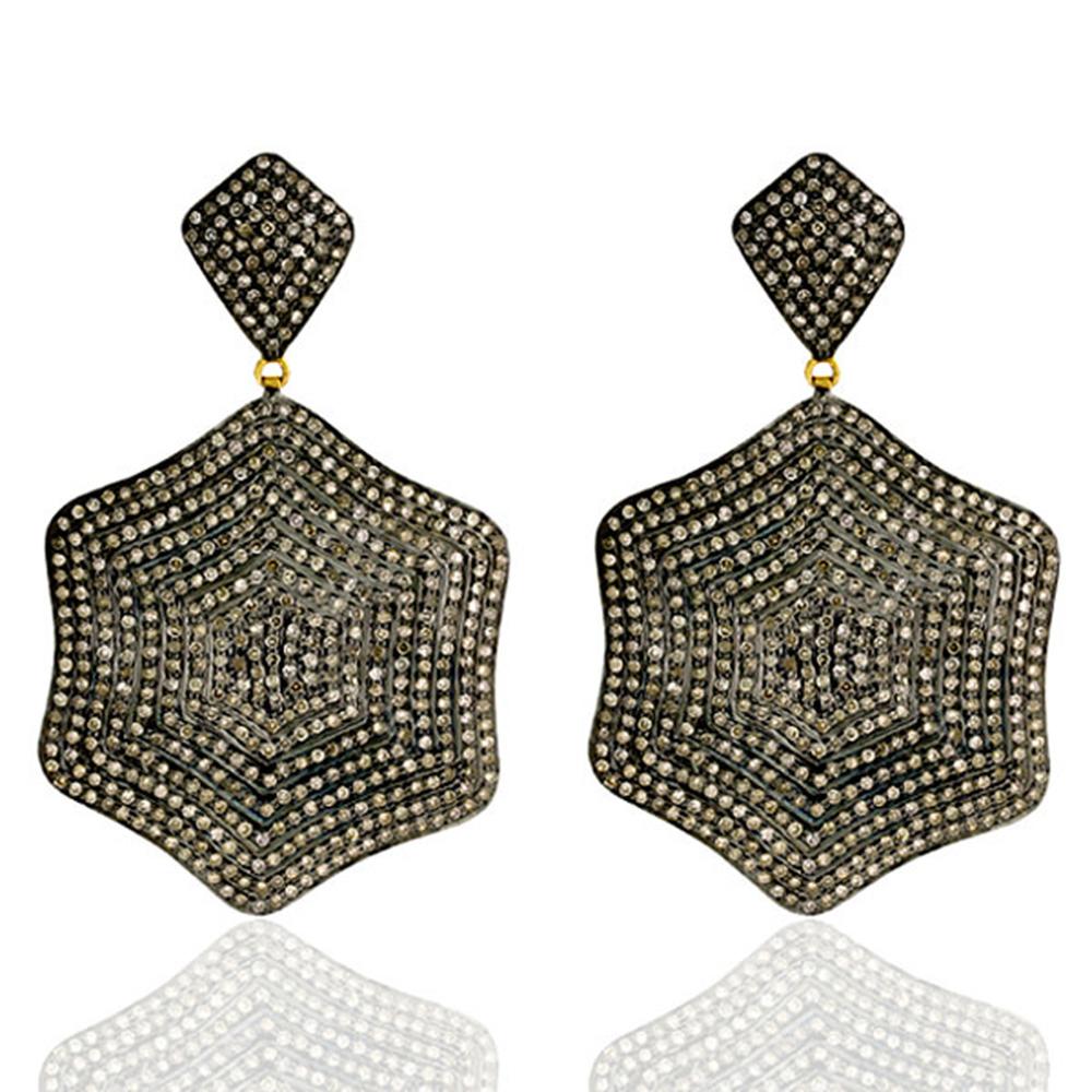 Round Cut Designer Pave Diamond Earring in Silver and Gold For Sale