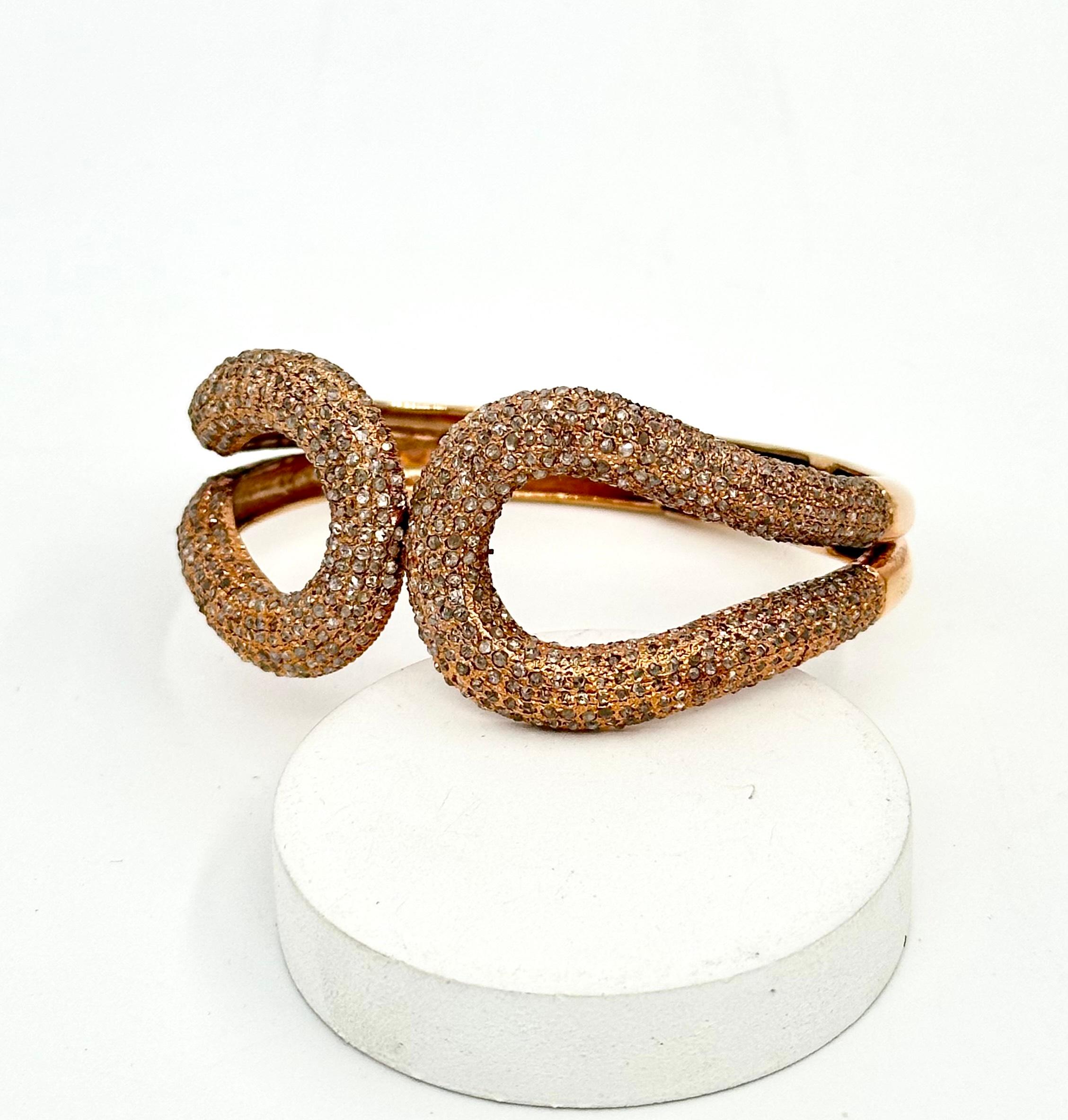 Art Nouveau Designer pave diamond rose gold plated sterling silver bracelet For Sale